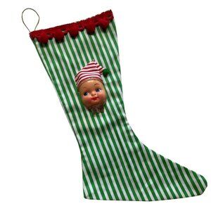 Christmas Stocking with Dolly Face Holiday Decor Xmas Vintage Handmade